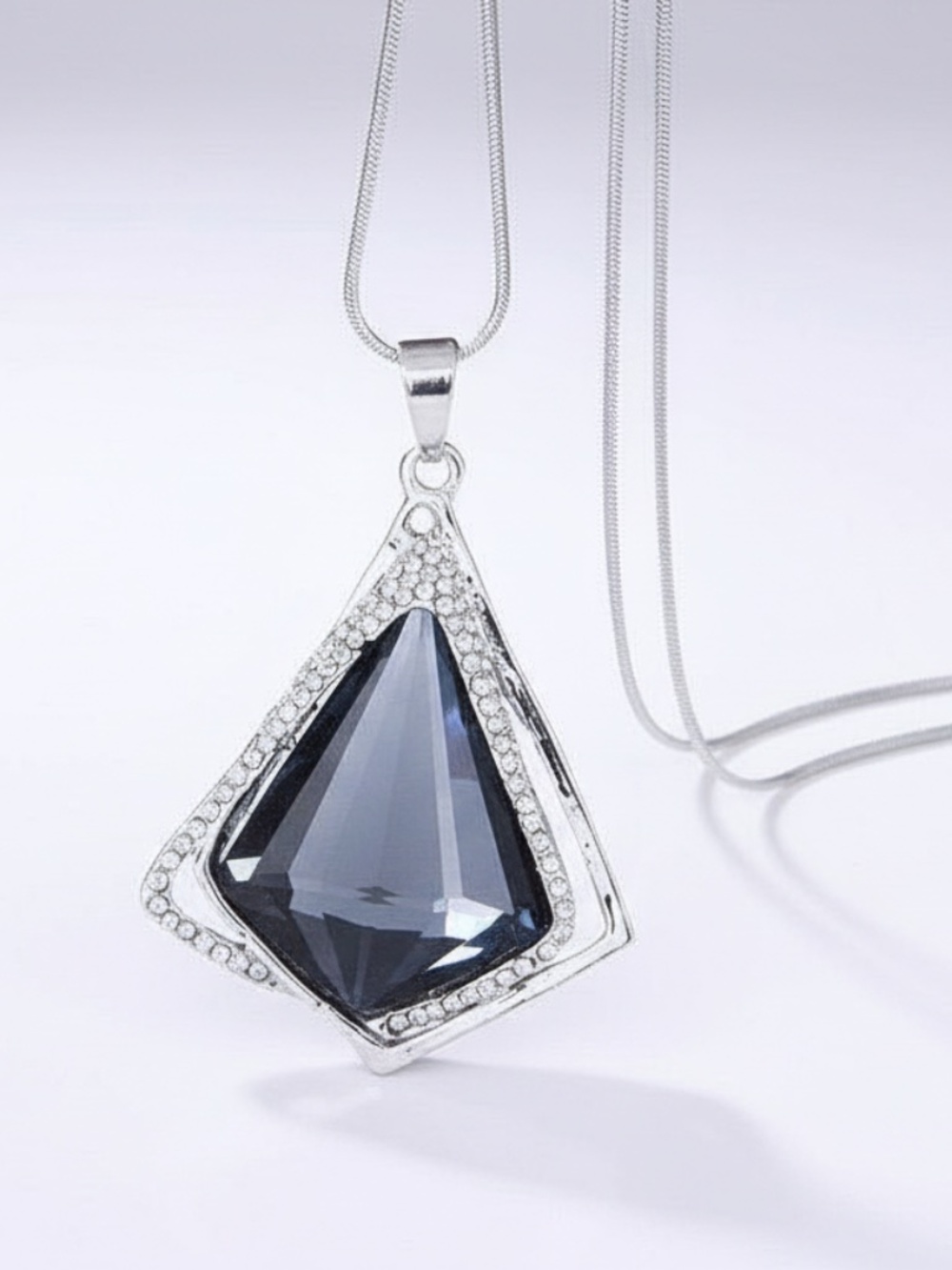 Womens Long‎ Silver 24" Black Rhinestone Pendant Necklace